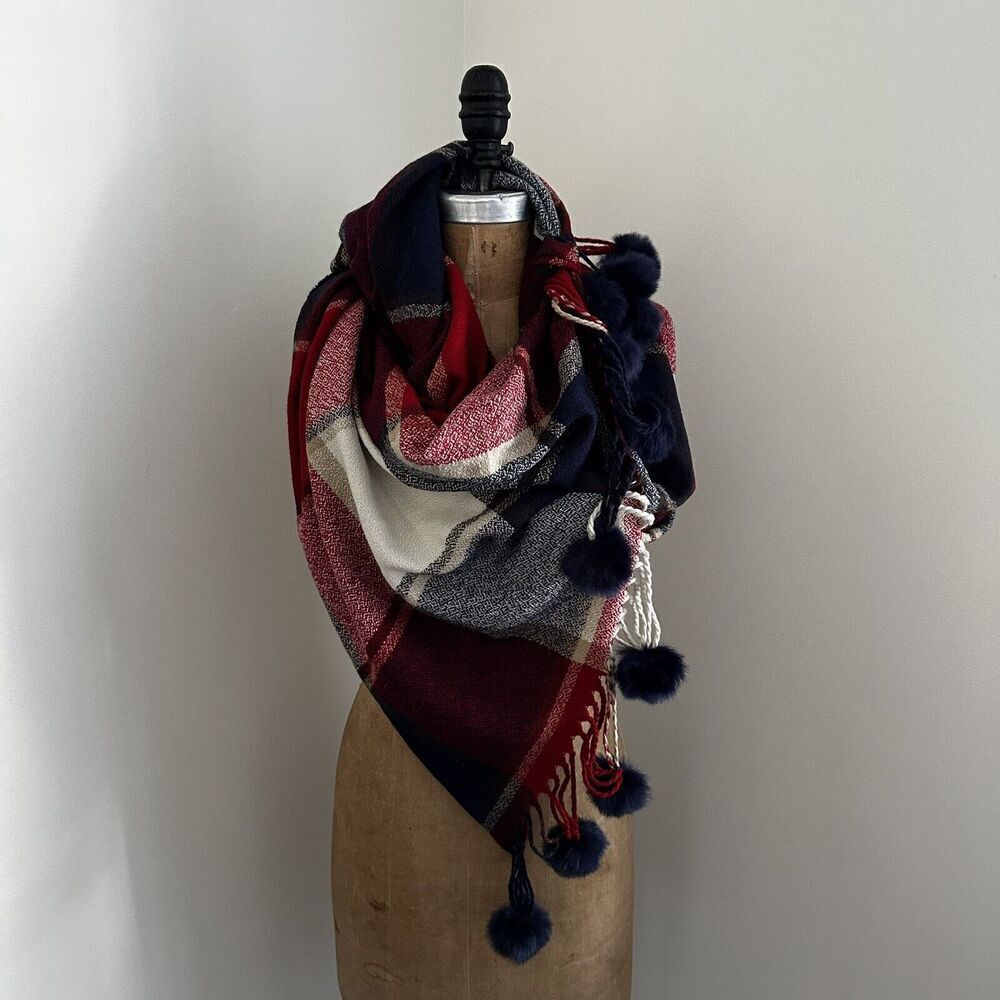 LOFT Outlet Plaid Scarf with Faux Fur Poms‎ 79" X 28" Soft Red Navy Cream NWT